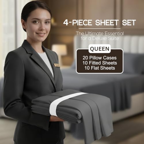 Image of 10-Pack Queen Size Hotel Sheet Set, Soft Brushed Microfiber Commercial Sheets, Resort Quality Bedding, Deep Pocket, Shrink & Fade Resistant, Easy Care, Grey