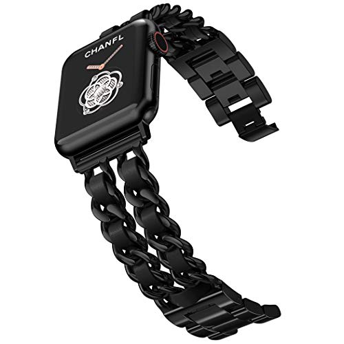 Top Brands Wearlizer Chain Bands Compatible with Apple Watch Band 38mm 40mm for Women,iWatch Dressy Fancy Stainless Steel Band Leather Loop Replacement Strap Bracelet for Apple Watch Series 6 5 4 3 2 1 Black