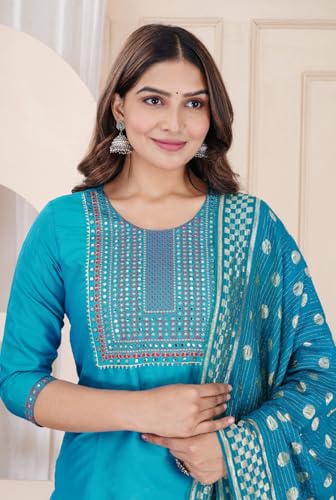 Image of Women's Silk Embroidered Kurta with Pant and Dupatta Set, Straight Style