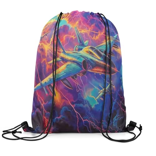 Erosebridal Jet Plane Drawstring Bags,Airplane Aviation Aircraft Drawstring Backpack 13x15.7 for Sport Gym Swim Yoga Camping Trip,Lightning Pattern Draw String Back Bag,Planes String Backpack2