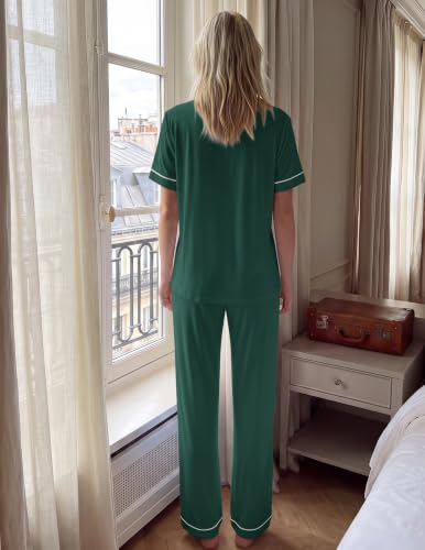 Image of HNG Women Pajamas Set 2 Piece Button Up Pajamas Pant and Short Sleeve Shirt for Woman Pj Sets with Pocket