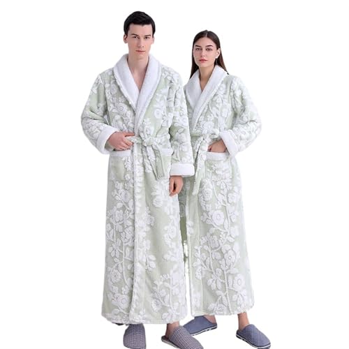 Albornoz Mujer Bata gruesa de doble capa de Jacquard for hombre y mujer, ropa de dormir, camisón cálido de invierno, albornoces de lana Coral, lencería, 1 unidad Adecuado para mujeres, baño(Green Unis