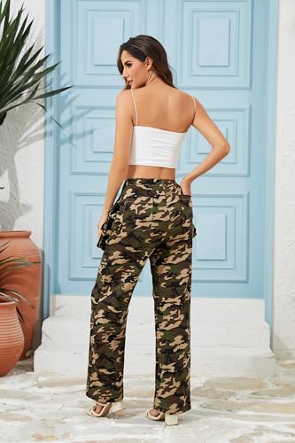 Camo Pants Women Cargo Wide Leg Baggy High Waist Stretchy Camouflage Trousers with Detachable Pockets4