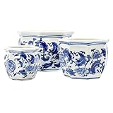 Galt International Blue & White Floral Porcelain Ceramic Decorative Flower Pot 8'/6'/4.5' Garden Pots Chinese Asian Design - Set of 3 Round Bulb Fluted