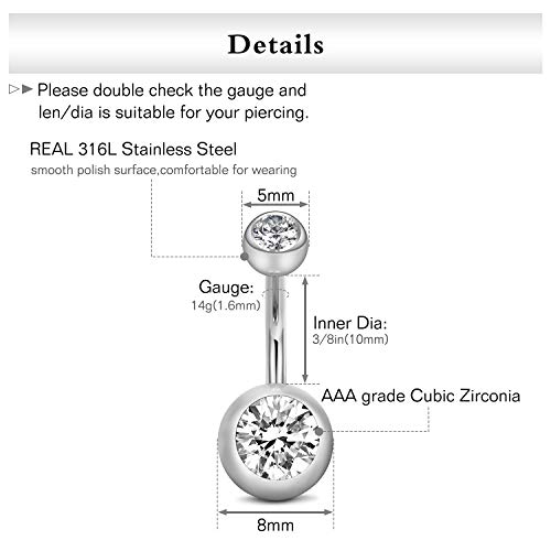 Jforyou BB-037-7 5Pcs Belly Button Rings Stainless Steel 14G Cz Navel Rings Barbells Studs Women Body Piercing Jewelry Silver thumb #2