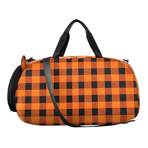 Kids Sports Duffel Bag for Boys & Girls - Orange Plaid Pattern 100% Polyester Gym Bag with Separate Shoe Compartment, Adjustable Shoulder Strap, Compact Travel & Workout Gear Bag2