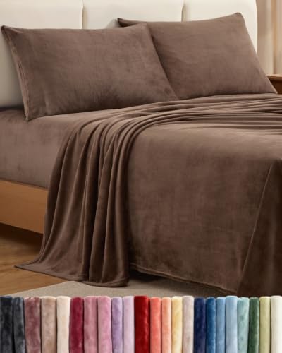 Image of Fleece Sheets Cal King Size Set - 4-Piece Velvet Flannel Sheet Set - Brown