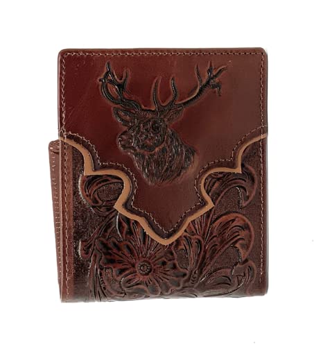 Western Men's Genuine Leather Floral Tooled Laser Cut Deer Wallet in 6 colors (Coffee/Tan)