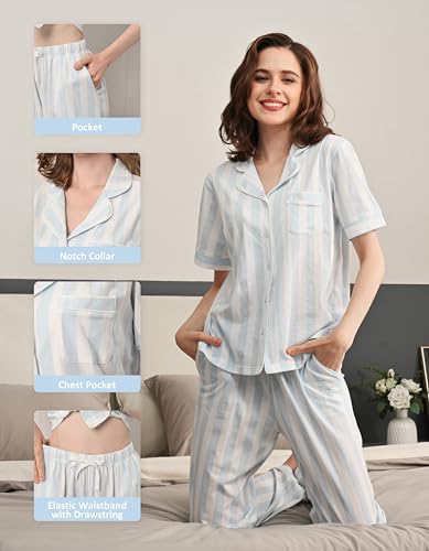 Image of NAP BOUND 100% Cotton Women's Pajama Sets Short Sleeve Button Down Soft Pjs 2 Piece Lounge Set with Pocket Nightwear XS-XXL