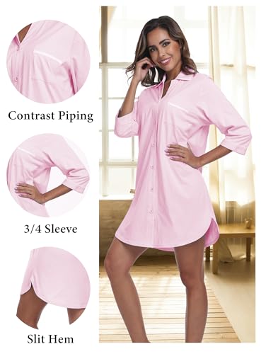 Image of EA'S SECRET 100% Cotton Nightgowns for Women 3 /4 Sleeve Button Down Nightshirts Soft V-Neck Knee Length Sleepwear With Pocket