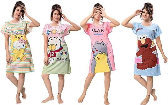 Image of New Crush Women's Cotton Hosiery Cartoon Print Knee Length Nighties /Nightwear (Multicolor, Free Size, Combo Pack)