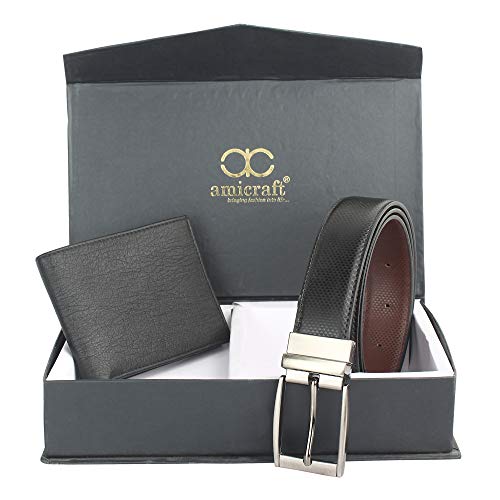 Image of Amicraft Black Faux Leather Men's Wallet & Belt Combo Gift Set (STRALBMCMBO)