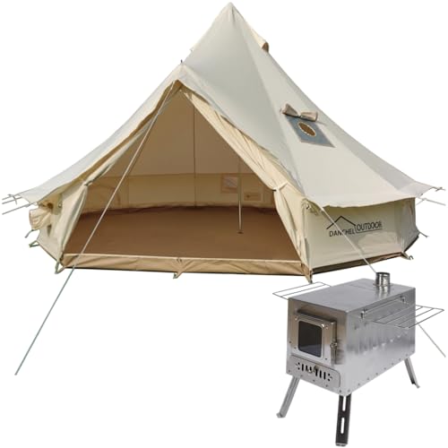 DANCHEL OUTDOOR Heavy Duty Canvas Tent with Large Wood Stove, 4 Season Bell Tent Yurt with Stove Jack for 4 Person Family Camping, Glamping, Hunting Trips, Backyard 13ft/4m