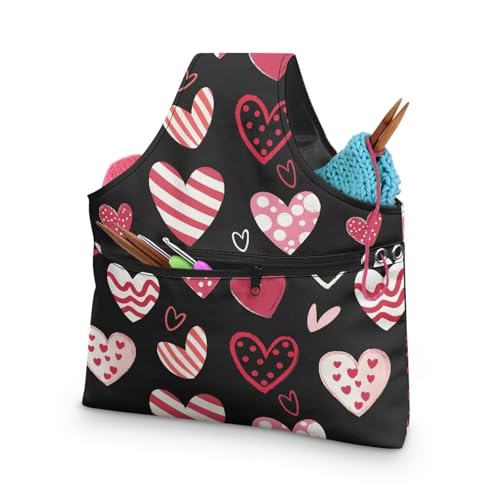 Image of KUIFORTI Cute Heart Yarn Bag Knitting Crochet Bag Yarn Storage Bag Organizer Valentines Day Gifts for Women Girls Wrist Bag, Yarn Tote Bags for Crocheting Love Heart Print