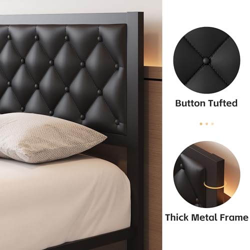 Full Bed Frame with Headboard PU Leather Upholstered Bed Frame Platform,All Metal Slats Support Platform Bed Frame with Storage Space,Easy Assembly,Noise Free,No Box Spring Needed,Black