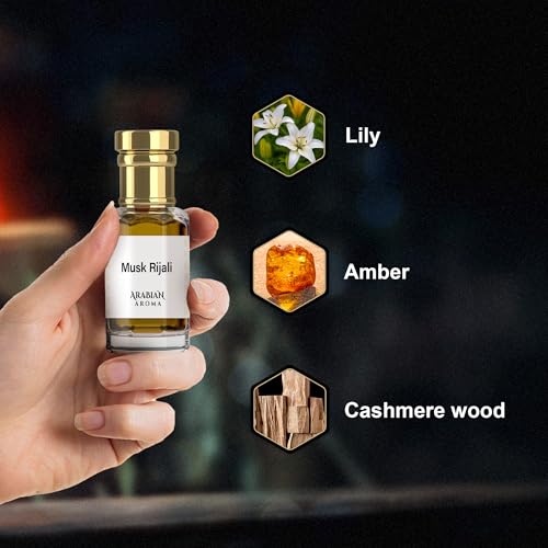 Image of Arabian Aroma Musk Rijali Attar | White Musk Oil Perfume, Lily of the Valley & Cashmere Woods | Alcohol-Free, Long-Lasting | 100% Pure | Woody Perfumes for Men (6ml)