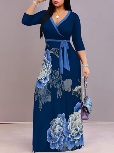 Image of PinkPatty Women's Long Sleeve Maxi Dress Plus Size Trendy Wedding Guest Dress with Pockets&Belt
