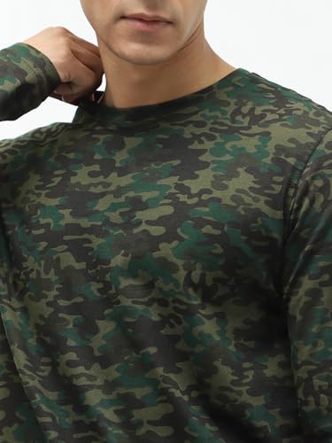 Image of Urbano Fashion Men's Olive Green, Khaki Military Camouflage Printed Slim Fit Full Sleeve Cotton T-Shirt