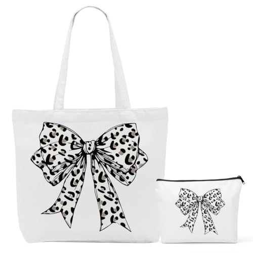 Preppy Coquette Pink Leopard Print Bows Canvas Tote Bag Cosmetic Bags Set, Preppy Stuff, Cute Aesthetic Gifts for Mom Friendship Nurse Mother's Day Reusable Shopping Grocery Bags Travel Makeup Bag