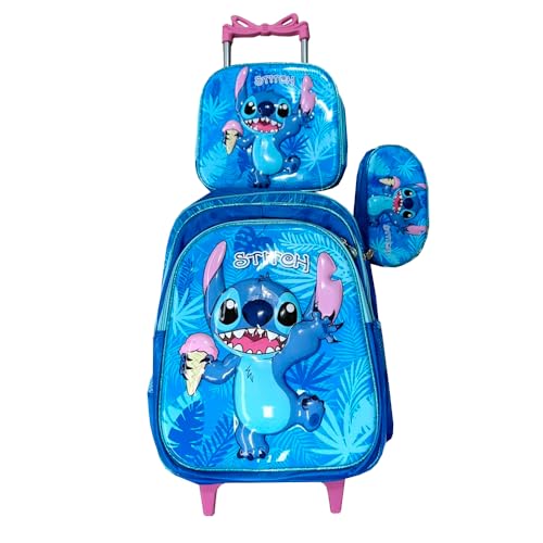 Kit Mochila Stitch Feminina em 3D com Rodinhas Azul + Lancheira Térmica + Estojo Escolar
