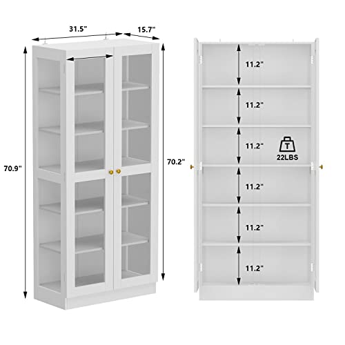 Famapy Glass Cabinet Display Cabinet With 6-Tier Shelves, Storage Cabinet With Glass Doors And Shelves, Trophy Cabinet Curio Cabinet For Living Room Office White And Gold (31.5”W X 15.7”D X 70.9”H) #TOP1