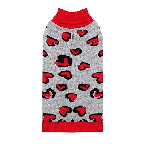 KYEESE Valentine's Day Small Dog Sweaters with Leash Hole Turtleneck Dog Knitting Sweater in Heart Leopard Pattern