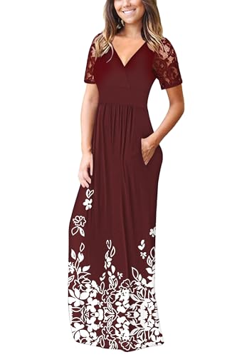 Image of AUSELILY Maxi Dresses for Women Summer Lace Short Sleeve V Neck Wrap Dress | Lace Short Sleeve, Two Pockets, V-Neck Wrap Waist Long Dress