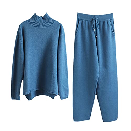 Conjunto de 2 peças de camisola de malha de gola alta e calças de fato de treino de cenoura para mulher, gola alta azul, tamanho único, Gola alta azul