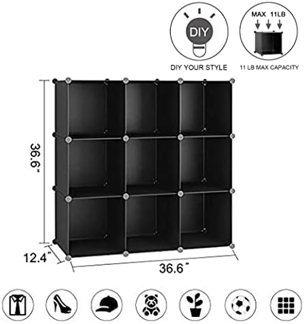 C&AHOME Cube Storage, 9-Cube Bookshelf, Plastic Closet Cabinet Organizer, DIY Stackable Bookcase, Modular Shelving Units Ideal for Home, Office, Kids Room, 36.6" L x 12.4" W x 48.4" H Black SHS3009A