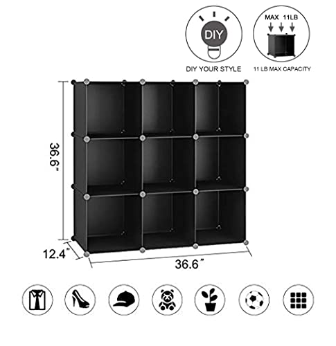 C&Ahome Cube Storage, 9-Cube Bookshelf, Plastic Closet Cabinet Organizer, Diy Stackable Bookcase, Modular Shelving Units Ideal For Home, Office, Kids Room, 36.6" L X 12.4" W X 48.4" H Black Shs3009A #TOP2