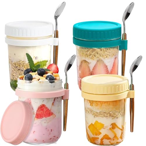 UQMIQURA Overnight Oats - Juego de 4 tarros de cristal con cuchara y tapa, 350 ml, con marcas de medición, reutilizables, para avena, cereales, frutas, leche, ensalada, yogur