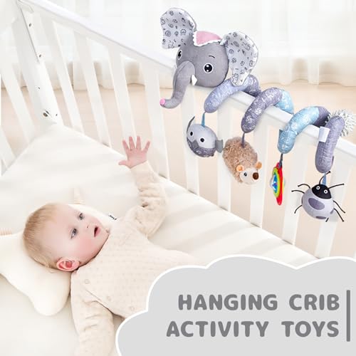 Image of Koty Car Seat Toys, Infant Baby Spiral Plush Activity Hanging Toy for Stroller Bar Pram Crib with Music Box BB Squeaker & Rattles(Grey Elephant)