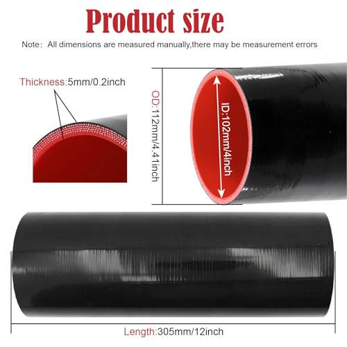 Image of ID 4in x 12in Length Straight Silicone Coupler Hose 4-Ply with 4 Stainless Steel T-Bolt Clamps as Turbo Intercooler Intake Pipe,Fits Pipe OD up to 4in(102mm)