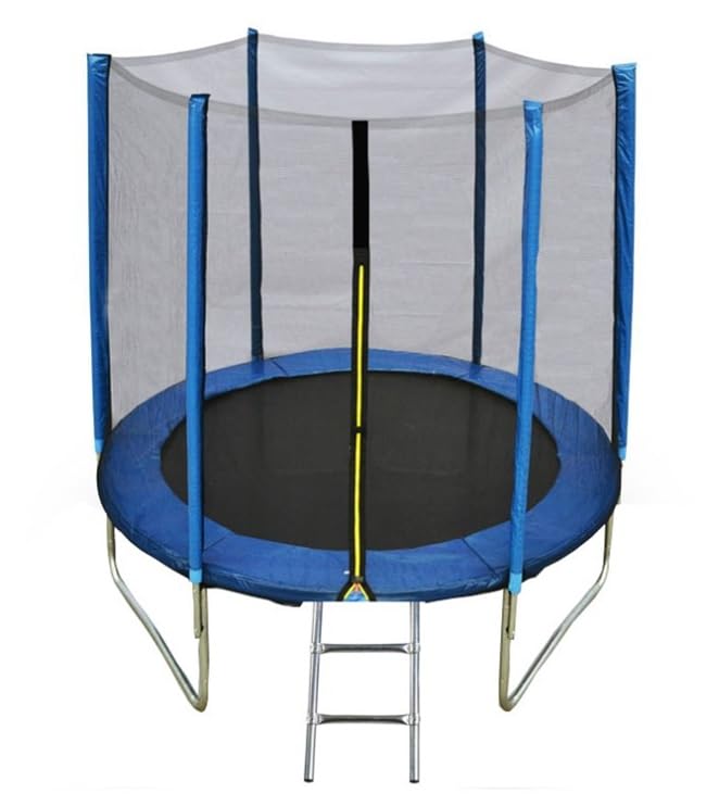PEKECARS - Cama Elástica Azul 240CM con Red de Seguridad, Funda Antilluvia y Escaleras Metálicas