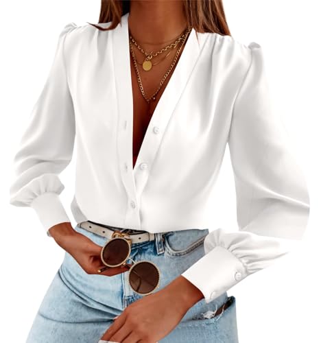 Imily Bela Damen Satin Bluse V-Ausschnitt Button-down Blusen Langarm Elegant Shirts Elegant Chiffon Hemd, Weiß, XL