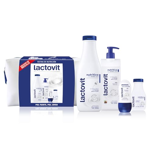 Lactovit Pack Nutritivo – Neceser con Leche Corporal Nutritiva 400 ml, Gel de Ducha 550 ml + 90 ml y Desodorante Roll-On Extra Eficaz 50 ml – Con ProLactic10 – Piel Normal y Seca