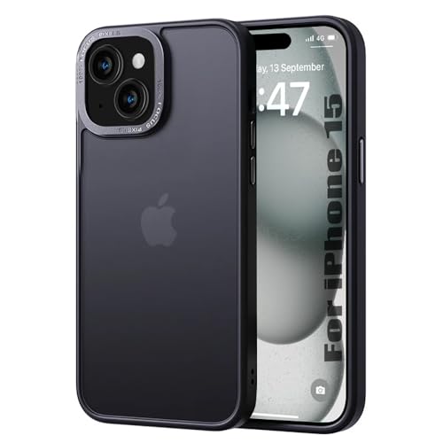 Image of SQUIF Matte Back Case for iPhone 15 Cover with Translucent Hybrid Camera Metal Ring Protection | Sleek Shockproof Soft Touch (Black)