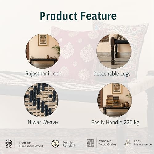 Image of Wooden Bench for Seating | Handcrafted Sheesham Wood Bench for Living Room, Balcony & Garden | Traditional Patio for Outdoor with Cotton and Jute Handwoven Rope | Black and Jute