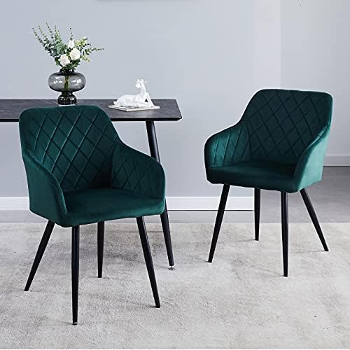 LEMROE Velvet Dining Chairs Set of 2 with Armrest and Back Support Upholstered Leisure Armchair kitchen Chairs with Metal Legs Counter Lounge Chair for Bedroom Living Room