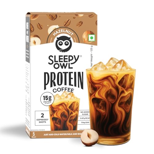 Image of Sleepy Owl Hazelnut Protein Coffee Powder, 15g Whey Protein & 2 Shots Espresso per Sachet, Less than 97 Cal, No Added Sugar, Real Cold Coffee, Light & Easy to Digest, Pack of 5 Sachets (5N x 25g)