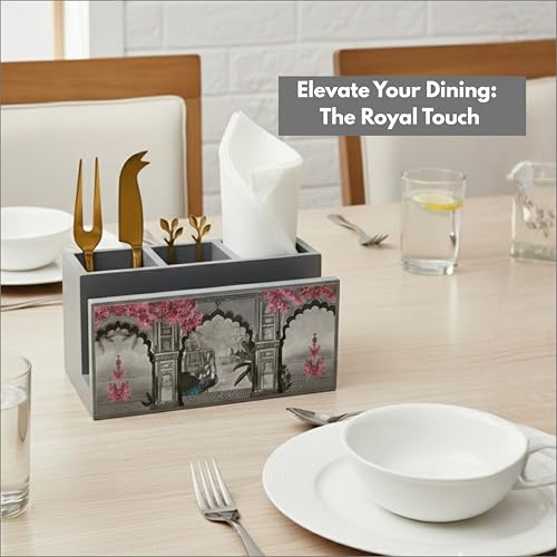 Image of Home Sparkle Engineered Wood Cutlery Holder with Napkin Rack - Multipurpose Spoon Stand & Kitchen Organizer Rack for Dining Table, Restaurant & Countertop - Brown Finish (B13V31)