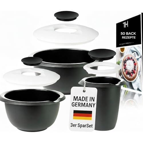 Thiru Rühr-und Backschüssel - mit Spritzschutz Deckel - Rutschfest & BPA frei - inkl. 50 Backrezepte - Made in Germany (Schwarz, Sparset - 3,5L & 2,5L & Quirltopf)