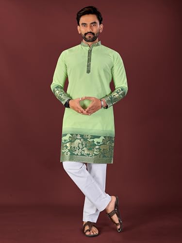 Image of Men's Cotton Silk Kurta with Jacquard Work Full Sleeves Floral Printed Side Slit and Mandarin Collar Neck | Kurta Pajama Set for Men Cotton Wedding | Short Kurta for Men