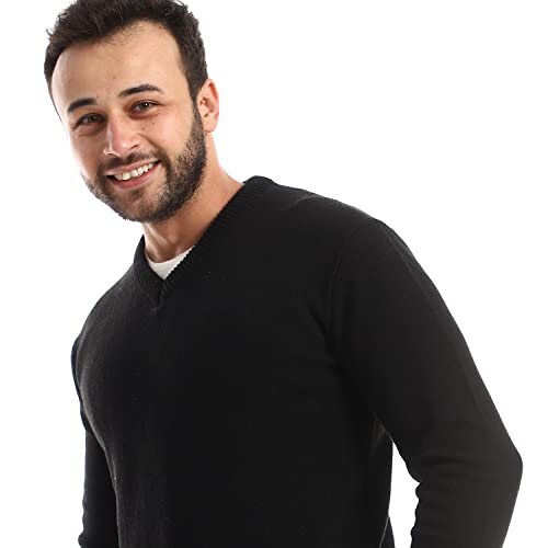 بلوفر منسوج بقصة عادية ورقبة شكل V سهل الارتداء من اندورا، أسود، مقاس L