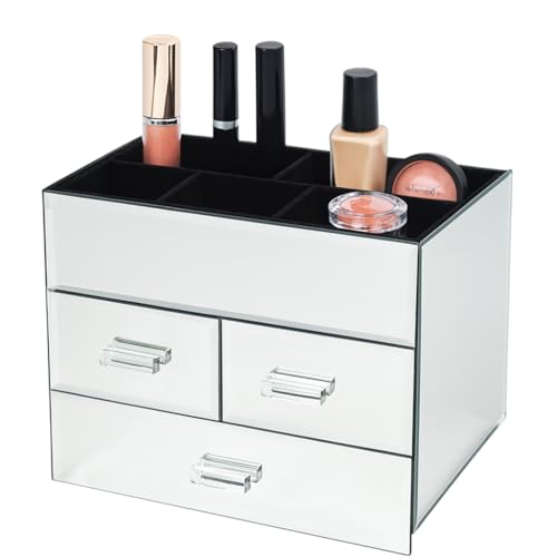 OnDisplay Miro(ミロ) 3段引き出し 反射ガラスの化粧品/ジュエリーオーガナイザー 収納ケース シルバー COSMIRO-SILVER