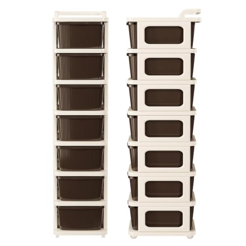 Image of Heavy Duty Plastic Storage Drawer with Wheels | Modular Cabinet for Bedroom, Office, Home or Classroom| Chest of Drawers Organiser for Cosmetics, Kitchen items, Toys (Brown, 7)