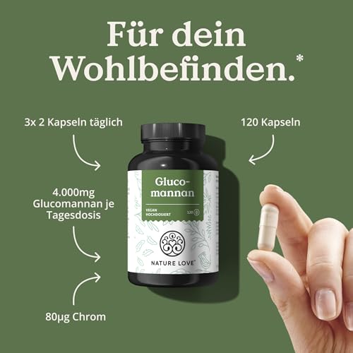 NATURE LOVE® Glucomannan aus der Konjak Wurzel - 120 Kapseln. - Hochdosiert - 4000mg je Tagesdosis - Sättigt zur Mahlzeit ohne Anzusetzen - Ballaststoffe -vegan, in Deutschland produziert