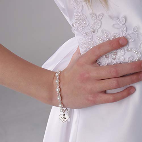 Children's Personalized Engraved .925 Sterling Silver Cross Bracelet with Cultured Pearls and Heart, Infant Baptism, Christening, Newborn Baby, Little Girls, Toddlers with Custom Name3