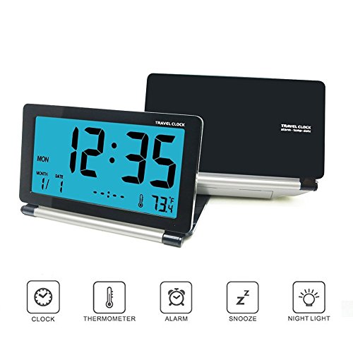 Alarm Clock, KRASR Travel Clock LCD Mini Digital Desk Folding Electronic Alarm with Blue Backlight (Black)