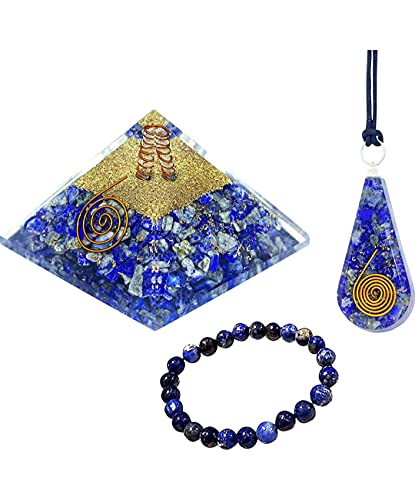 Lapis Lazuli Orgone Pyramid Crystal Orgonite Pendant - Positive Energy Generator Orgonite Crystal Energy Pyramid - Lapis Lazuli Crystal Bracelet Reiki Healing - Spiritual Energy Orgone Necklace